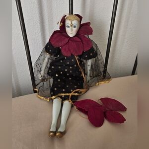 Vintage Harlequin Doll with Burgundy and Gold Accents
